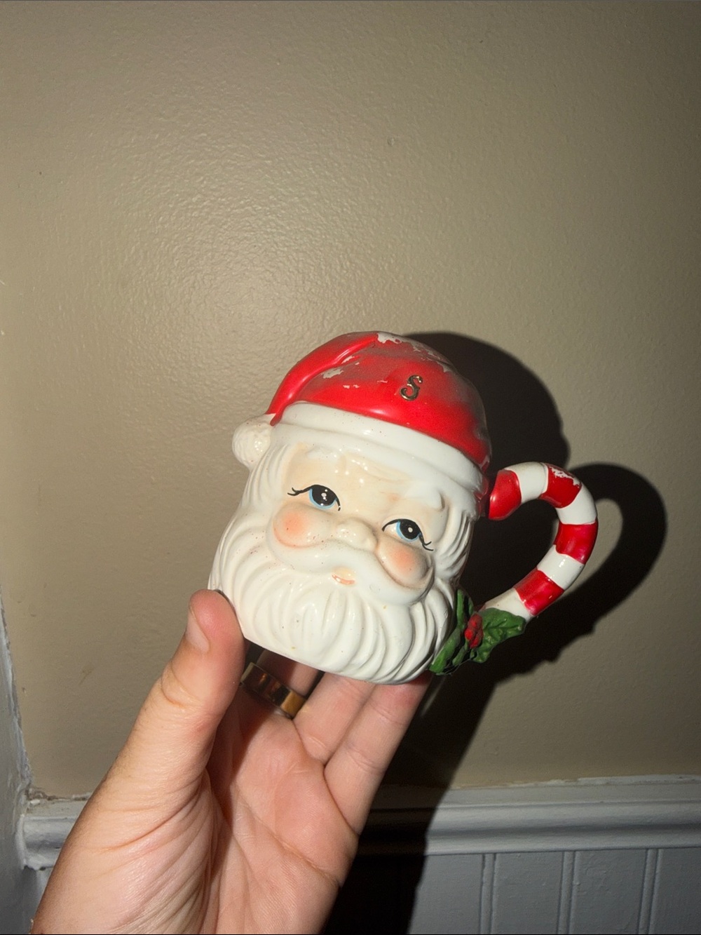 Vintage Santa Face Salt Shaker Candy Cane Handle Japan